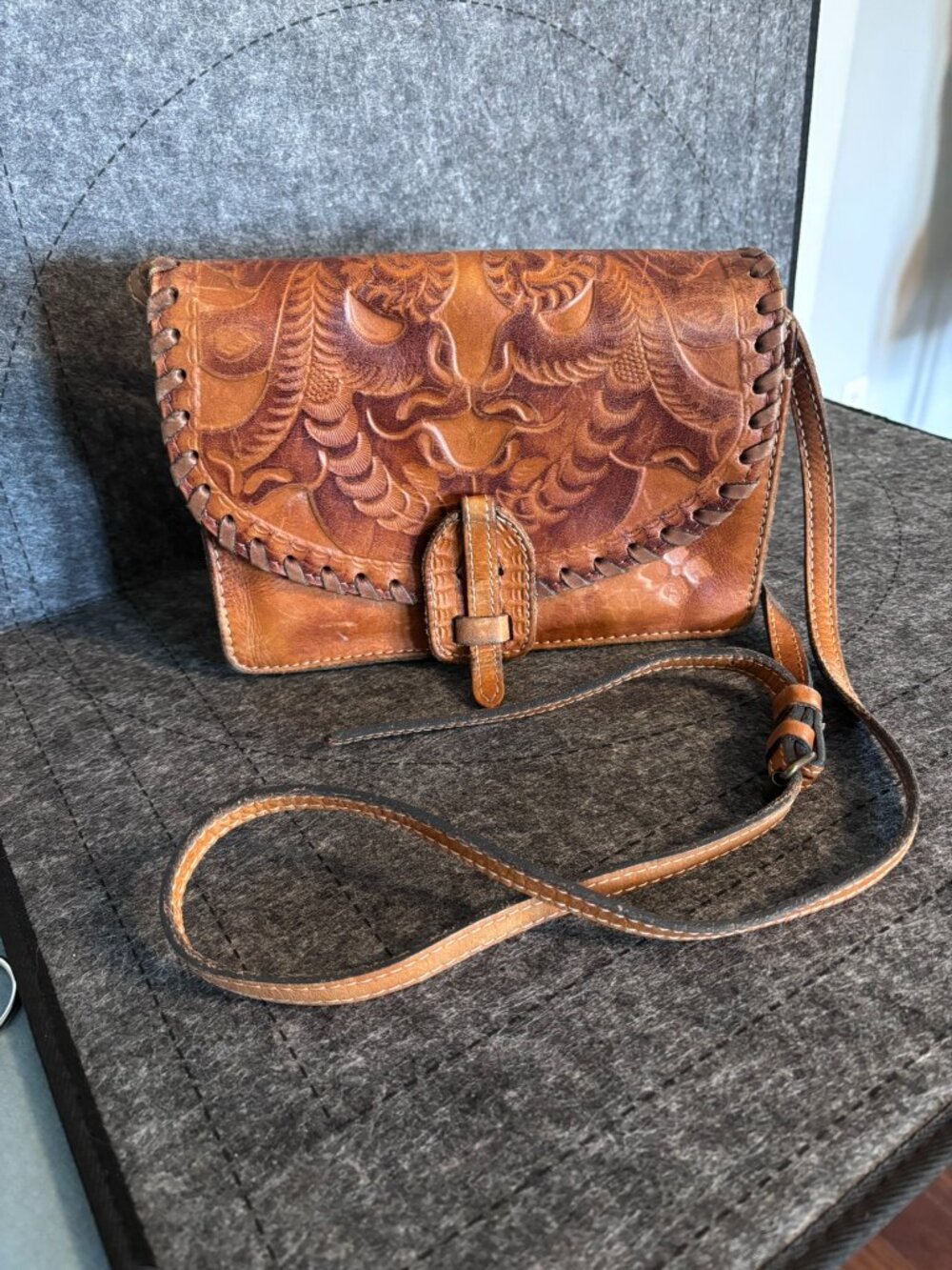 Patricia Nash Small Rectangular Lanza Embossed Tan Leather Crossbody Bag